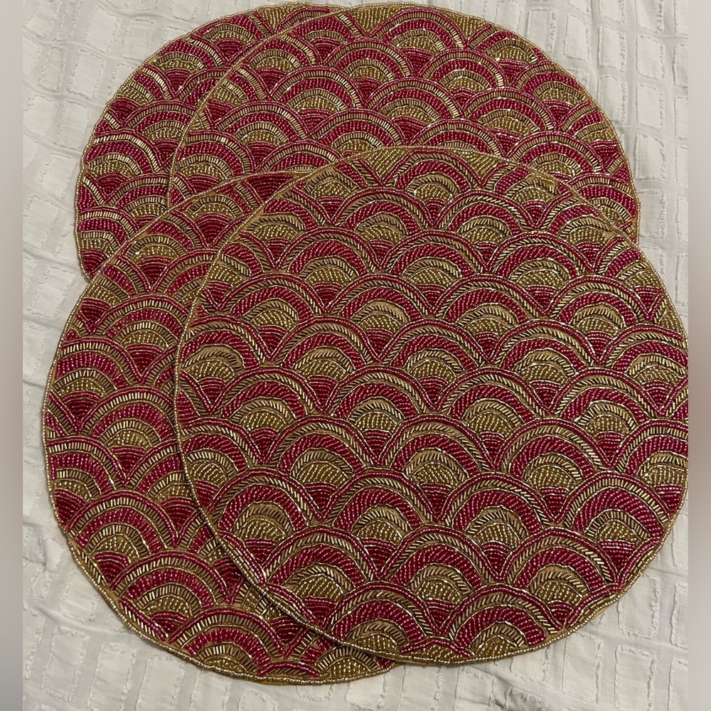 NWT 4- Pink & Gold 15” beaded charger placemats